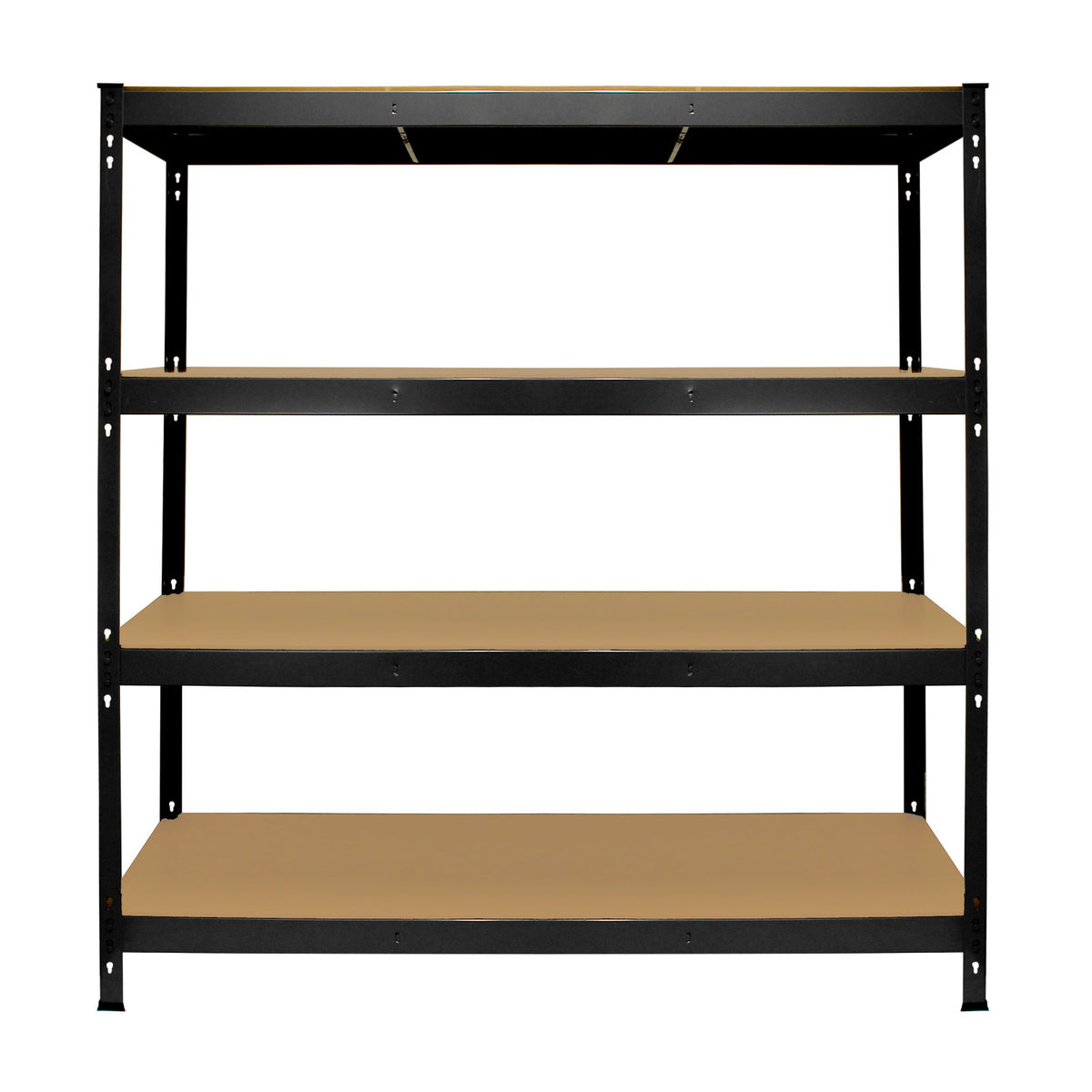 Schwarzes Schwerlastregal mit vier stabilen Regalböden aus Holz, ideal für Lagerung und Organisation, Maße 160cm x 160cm x 60cm