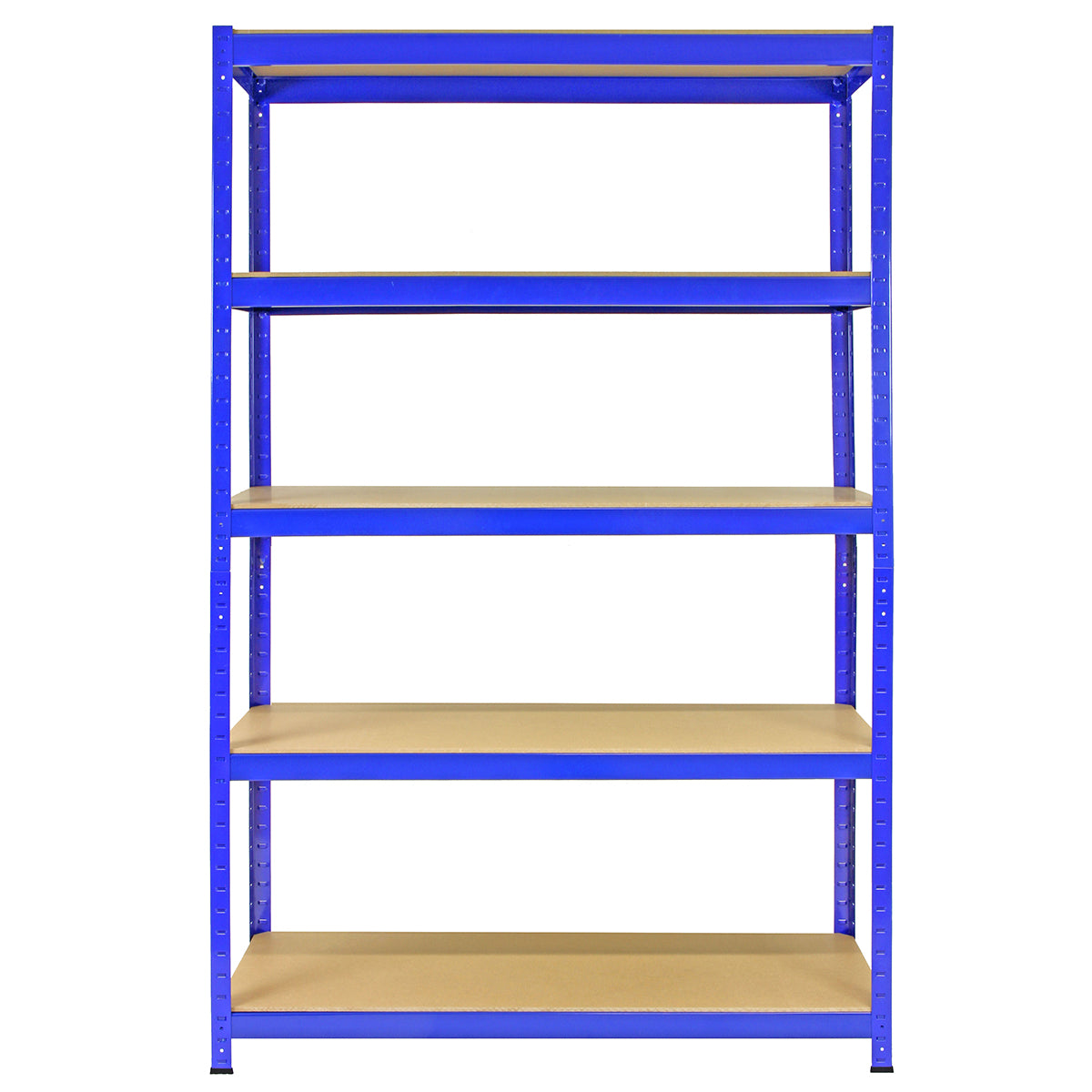 Hochwertiges, blaues Lagerregal von Monster Racking mit fünf stabilen, braunen Regalböden, ideal für die Aufbewahrung von Werkzeugen und Materialien