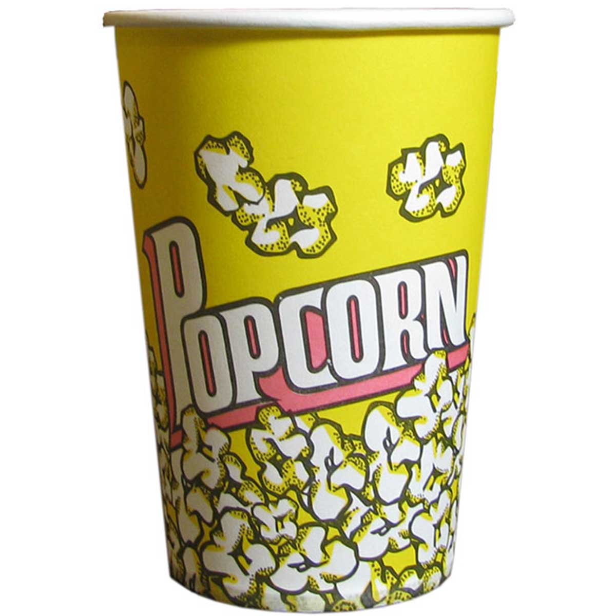 Gelber Popcornkarton mit buntem Popcorn-Muster und dem Wort "Popcorn" in großen, auffälligen Buchstaben, ideal für Veranstaltungen und Kinoabende