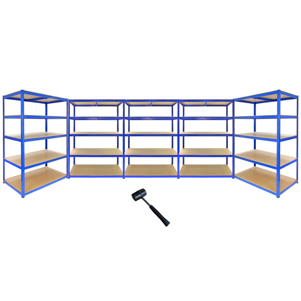 Robustes blaues Lagerregal mit 9 T-Rax-Regalen, 120 cm lang und 60 cm breit, aus Metall mit stabilen Holzregalen für optimale Lagerung