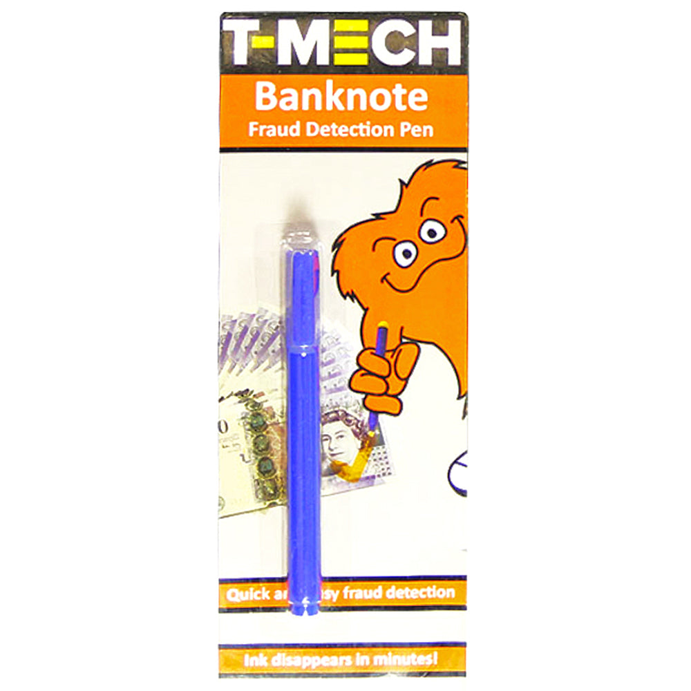 Fünf blaue Geldscheinprüfstifte von T-Mech, verpackt auf einer orangefarbenen Karte mit einem freundlichen Cartoon-Monster und Geldscheinen im Hintergrund