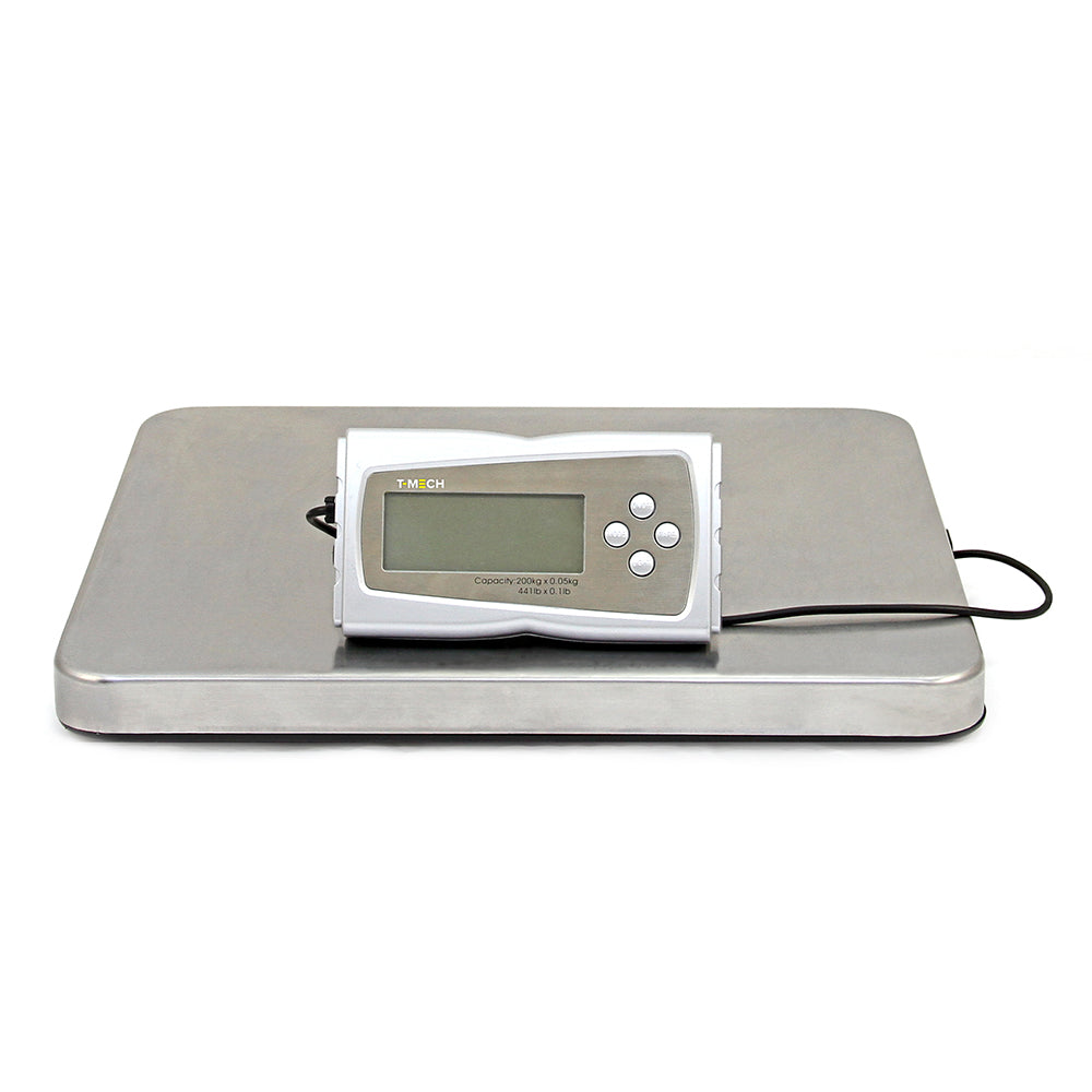 Digitale Versandwaage von T-Mech mit silberner, glatter Plattform und einem klaren LCD-Display zur genauen Gewichtsanzeige