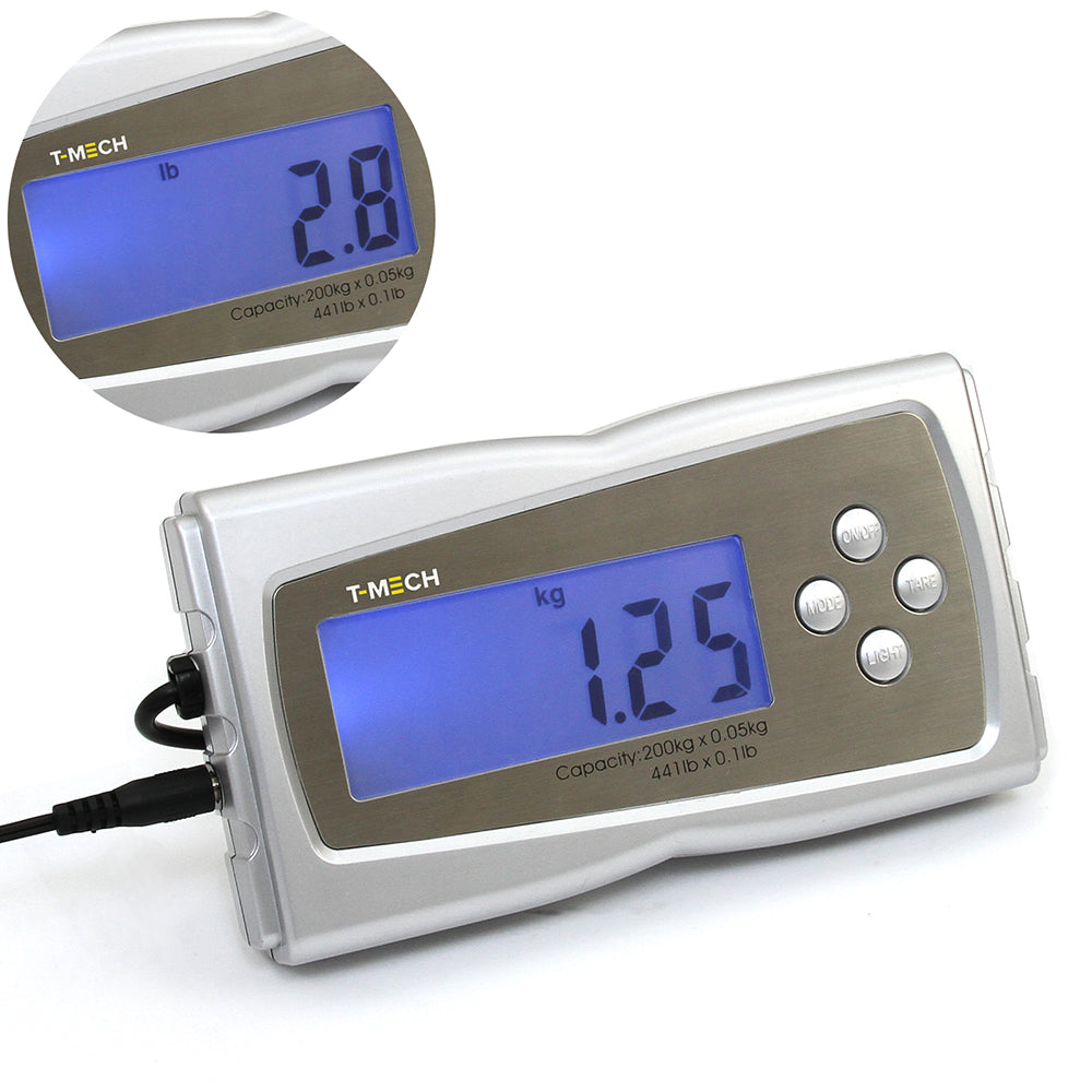 Digitale Versandwaage T-Mech mit großem blauen Display, silbernem Gehäuse und Tasten zur Gewichtsanzeige in kg und lb, Kapazität bis 200 kg
