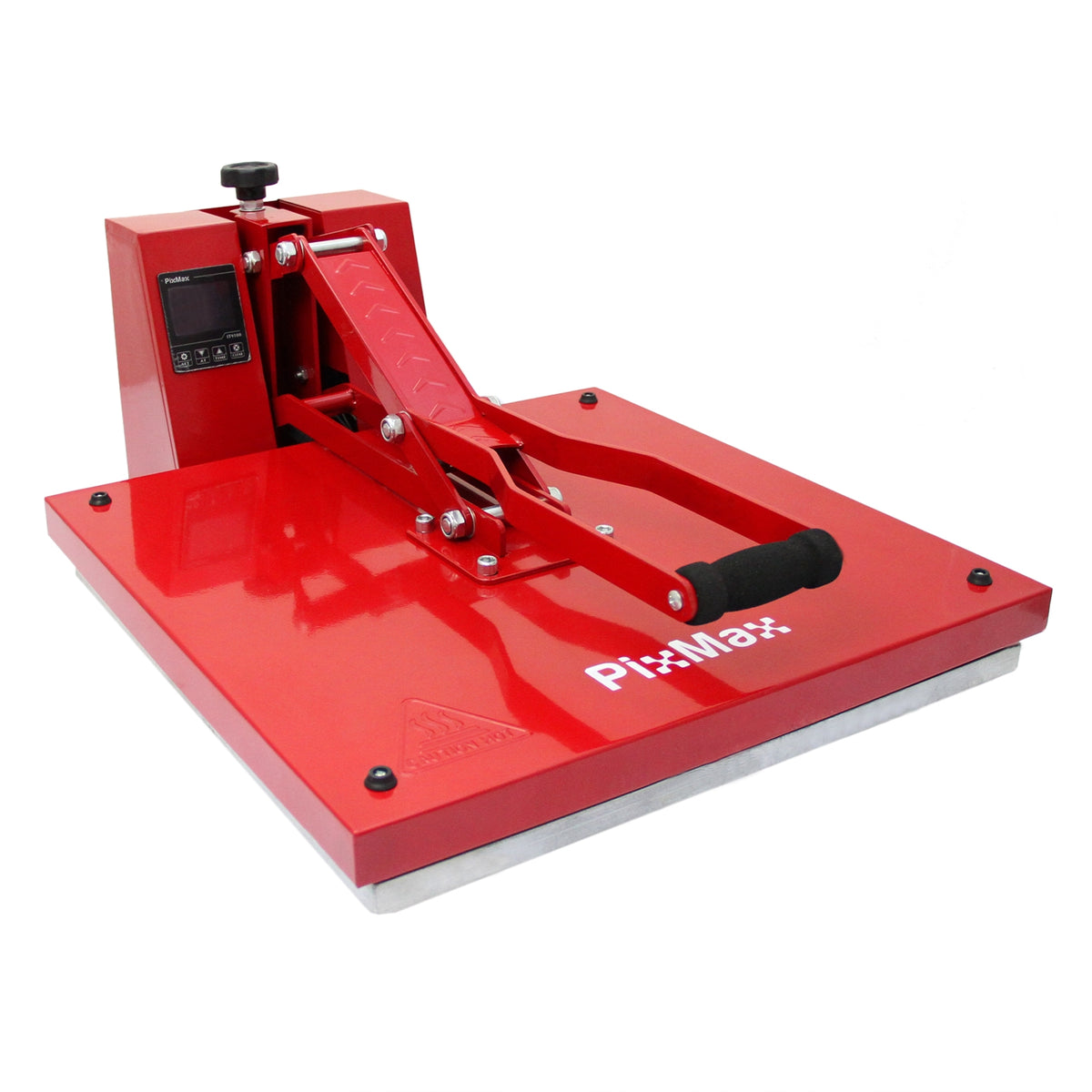 Rote Transferpresse mit schwarzem Griff, digitalem Display und robustem Design, ideal für den Sublimationsdruck von Gesichtsmasken und Textilien
