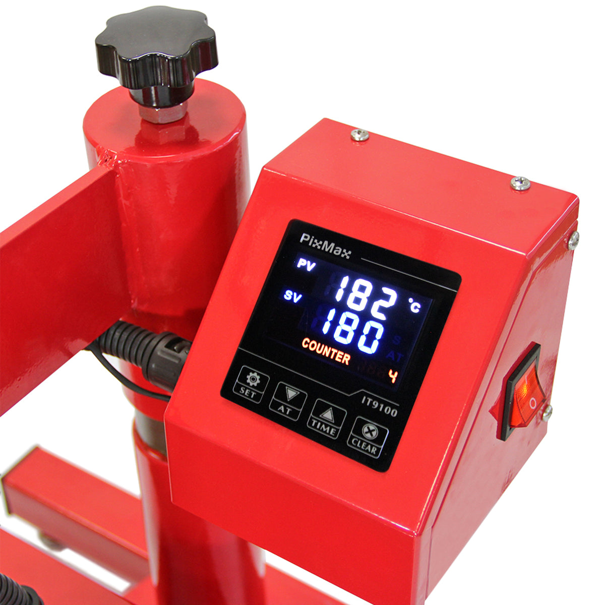Roter LED-Vinylschneider mit digitalem Display, Temperaturanzeige und Steuerknopf, ideal für präzise Schneidearbeiten und Hitzeschutz