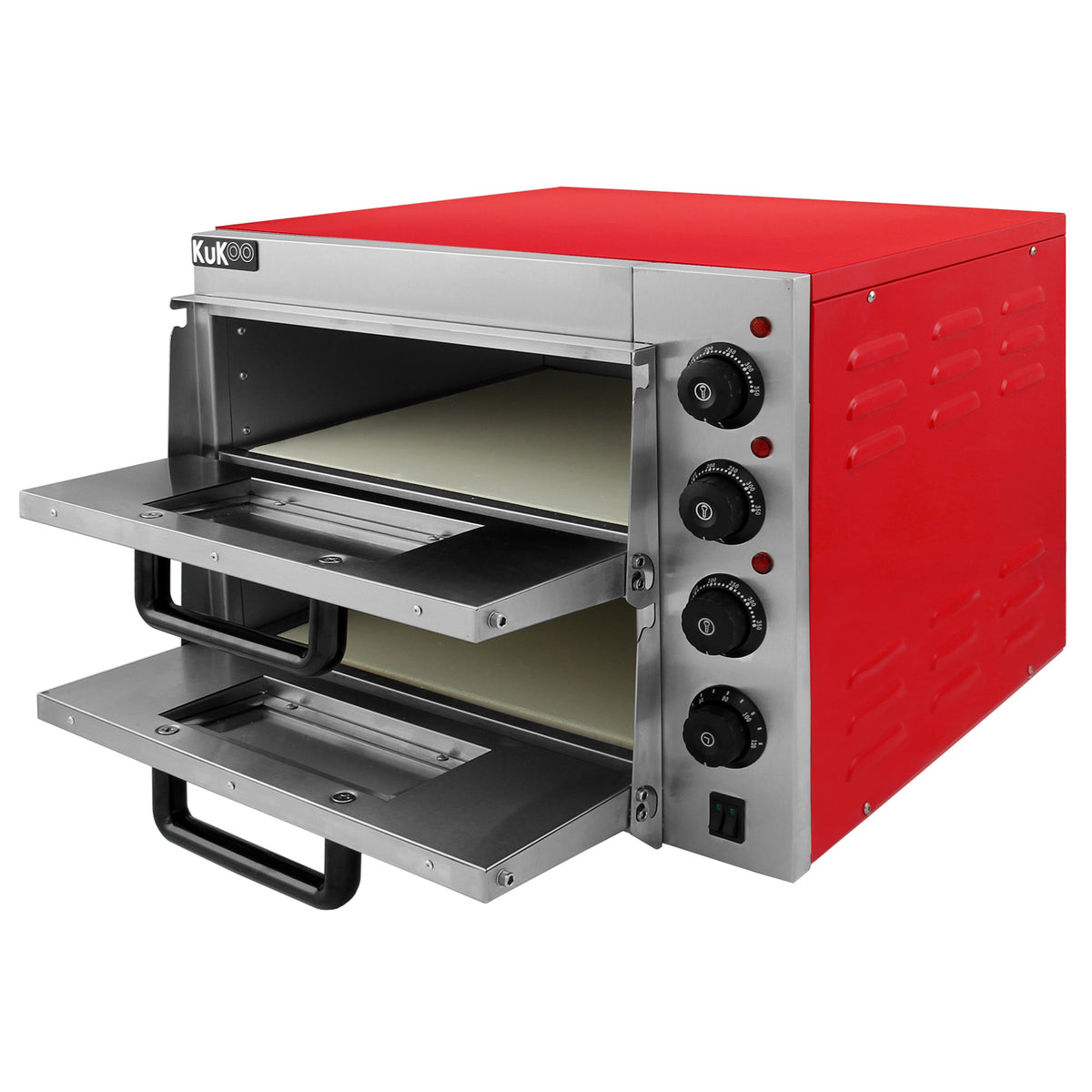 Doppelkammer Pizzaofen in leuchtendem Rot mit Edelstahlfront, zwei herausziehbaren Backblechen und präzisen Temperaturreglern für perfekte Pizzazubereitung