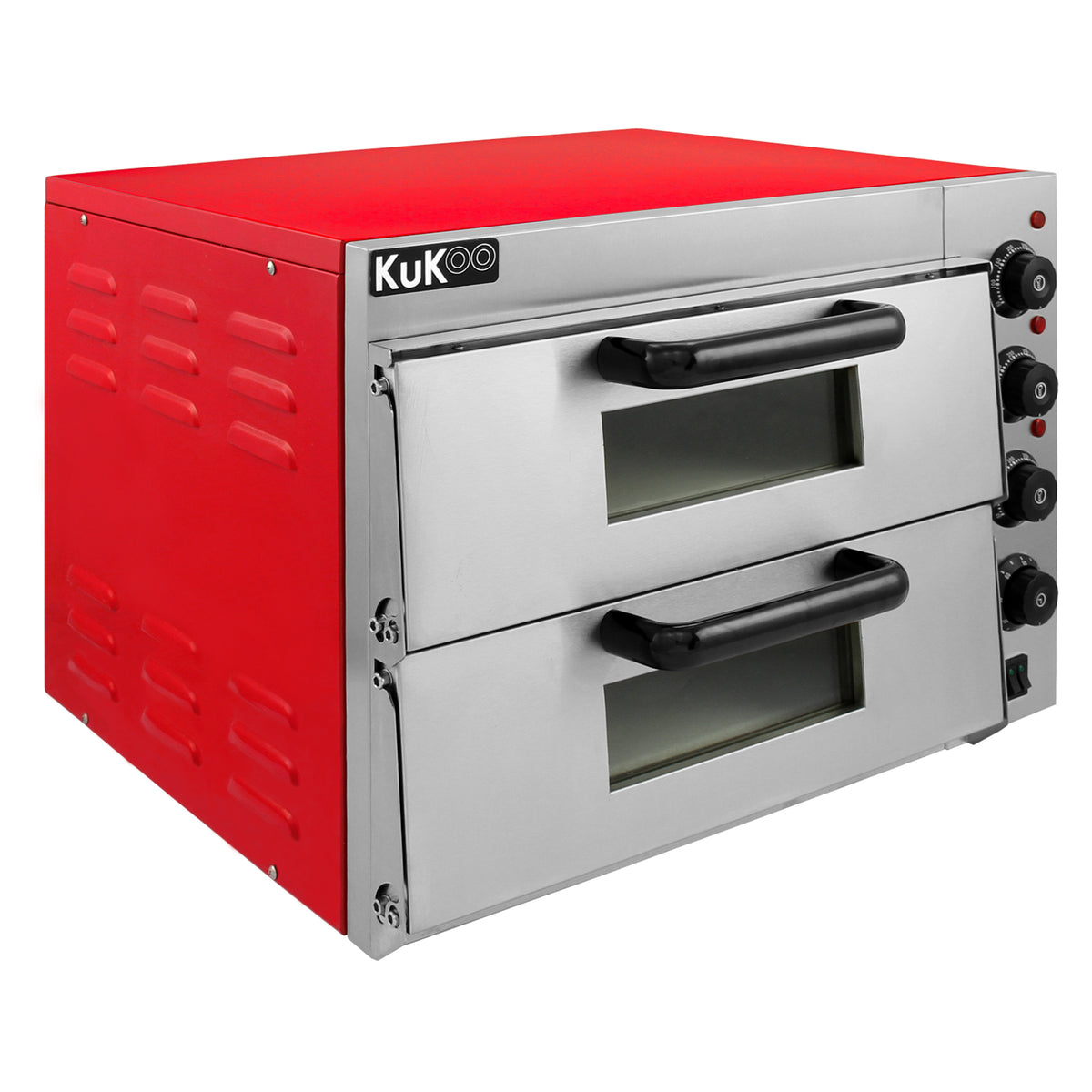 Doppelkammer Pizzaofen von KuKoo mit rotem Gehäuse und Edelstahlfront, zwei Backkammern, schwarzen Griffen und Temperaturreglern für optimale Pizzazubereitung