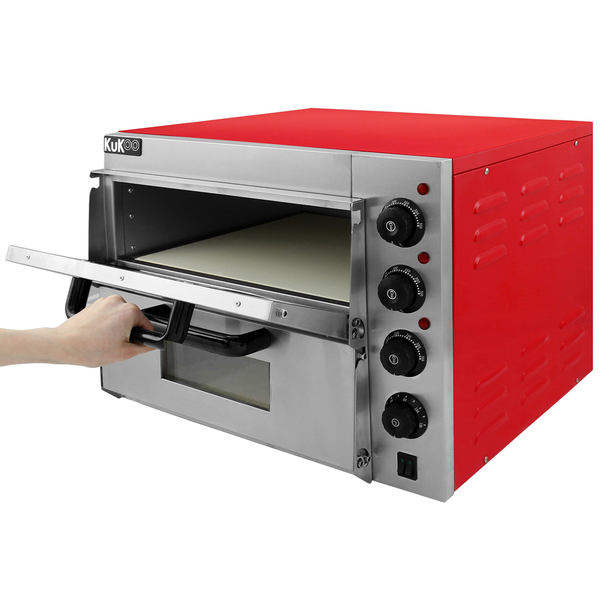 Doppelkammer Pizzaofen in leuchtendem Rot und Edelstahl, mit zwei Backkammern, Handgriff und Temperaturreglern für optimale Backergebnisse