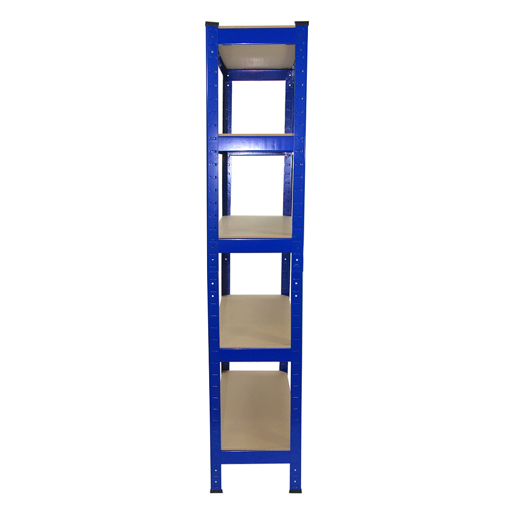 Stabiles T-Rax Lagerregal aus blauem Stahl mit fünf offenen Fächern, ideal für die Aufbewahrung von Werkzeugen und Materialien, 75 cm hoch