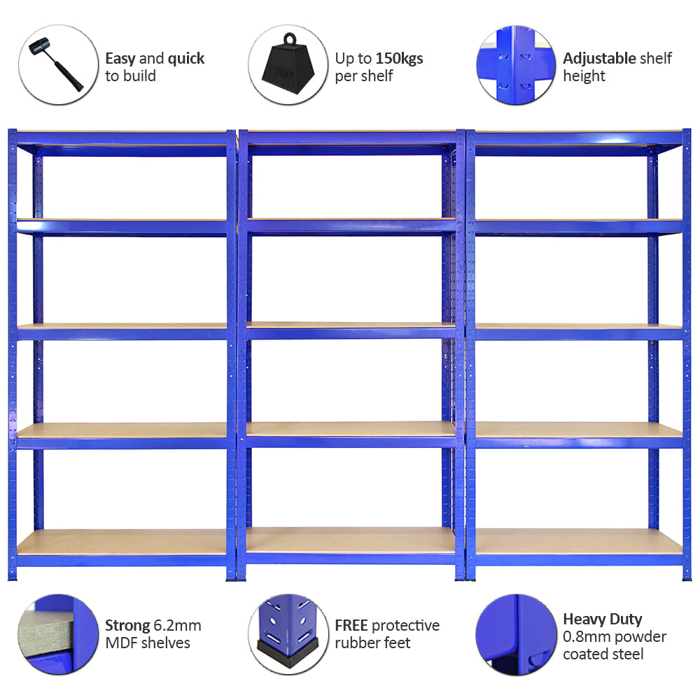 Blaues Monster Racking T-Rax Lagerregal mit 75 cm Breite, stabilen MDF-Regalen, verstellbaren Ablagen und robustem, pulverbeschichtetem Metallrahmen