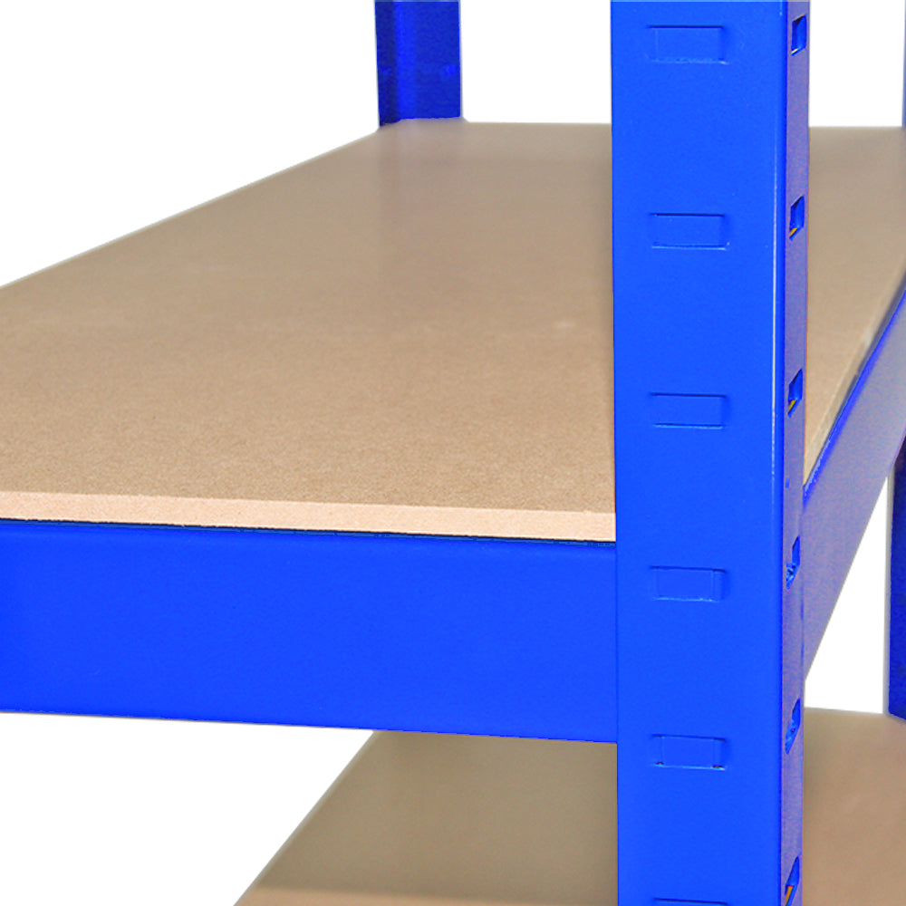 Stahlregal in lebhaftem Blau mit fünf stabilen Regalböden aus Holzwerkstoff, ideal für Lagerung und Organisation in Werkstätten oder Garagen