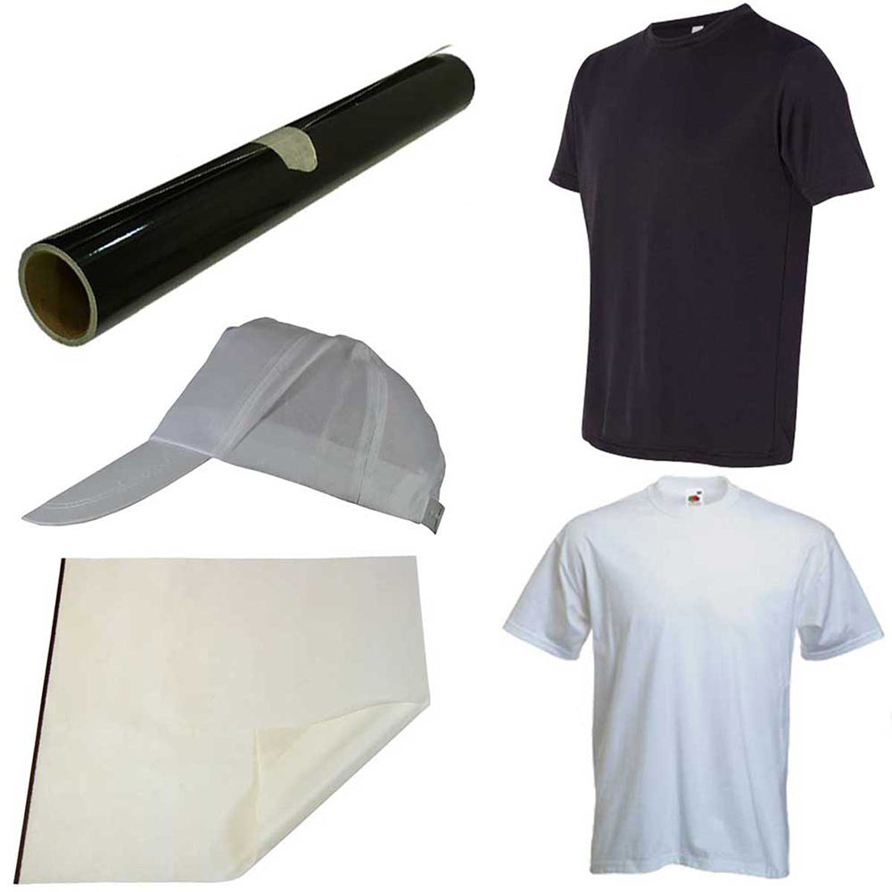 Schwarze Folienrolle, schwarzes T-Shirt, weiße T-Shirts, transparente Kappe und weißer Stoff, ideal für kreative Bekleidungsprojekte und Drucktechniken
