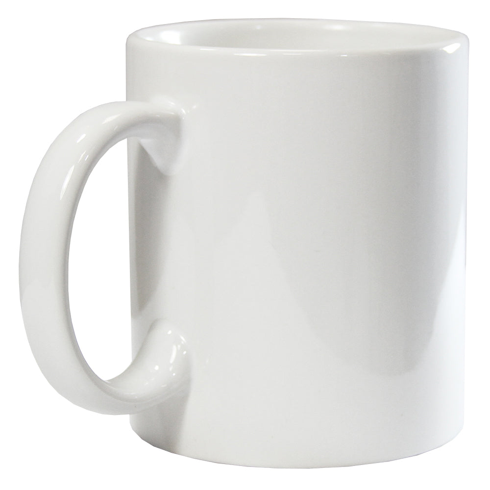 Weißer, unbedruckter Keramikkopf mit glatter Oberfläche und rundem Griff, ideal für personalisierte Designs und kreative Projekte