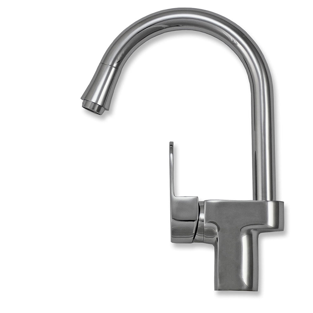 Eleganter, hochglänzender Edelstahl-Wasserhahn mit geschwungener Form und praktischer Hebelsteuerung, ideal für moderne Einbauspülen
