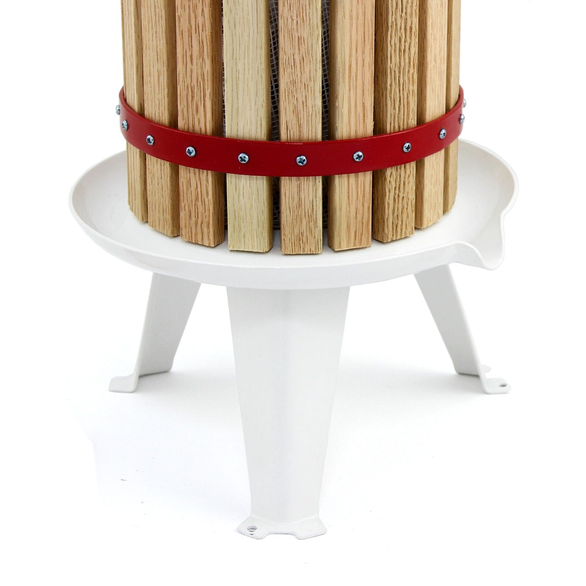 Holz-Obstpresse mit rotem Metallring, 6 Liter Kapazität, auf stabilen weißen Füßen, ideal für die Saftgewinnung aus Obst und Gemüse