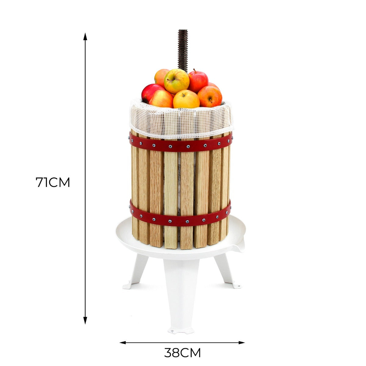 Holzobstpresse mit rotem Metallring, gefüllt mit frischen Äpfeln, auf einem weißen Kunststoffständer, Höhe 71 cm, Durchmesser 38 cm