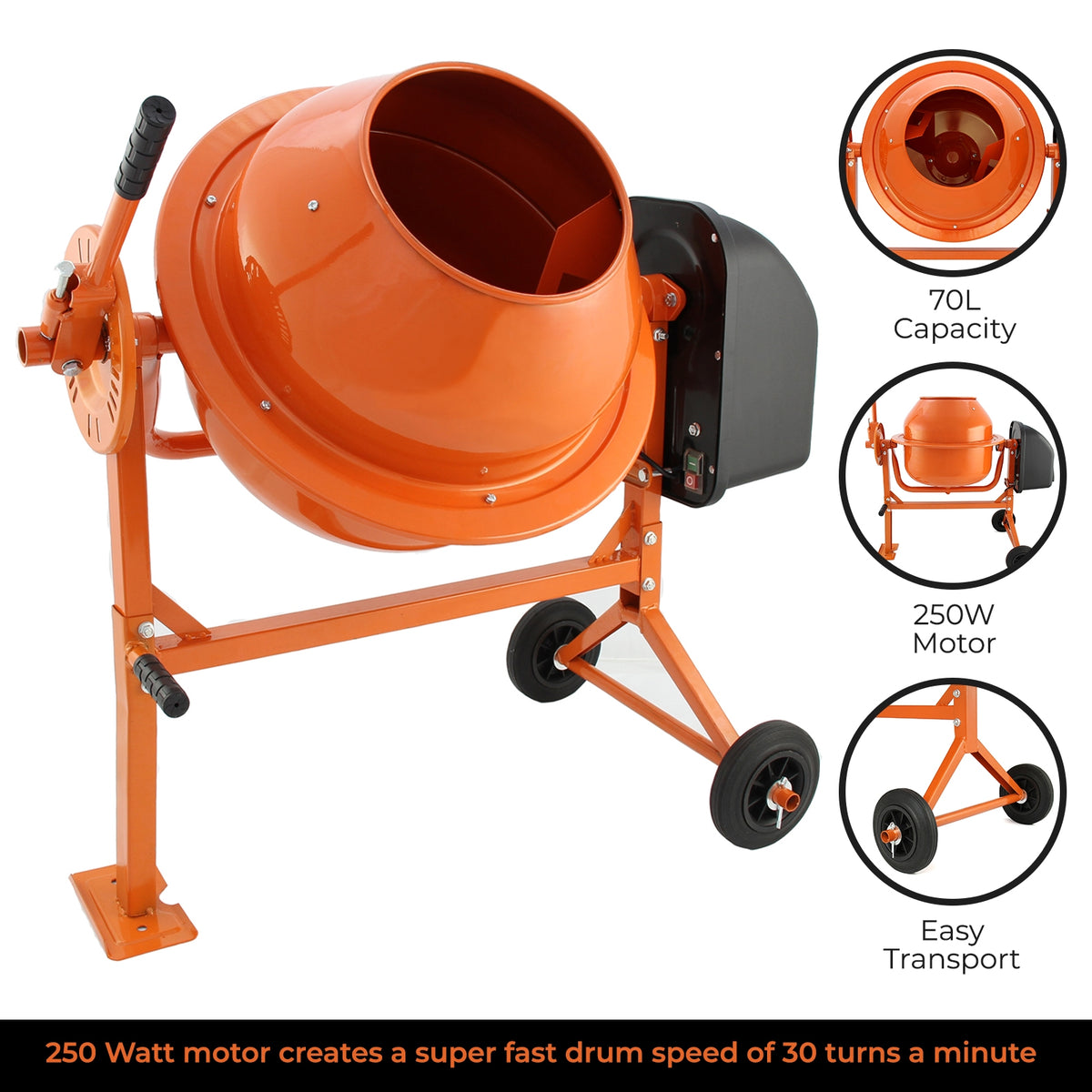 Der orangefarbene T-Mech Betonmischer mit 70 Litern Kapazität und robustem Stahlrahmen, ausgestattet mit einem 250 Watt Motor für schnelle Mischgeschwindigkeit