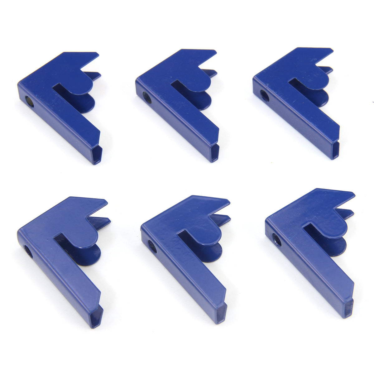 Sechs blaue Steck-Verbindungsstücke aus robustem Kunststoff, in Form eines L, ideal für die Montage von Monster Racking T-Rax Regalsystemen