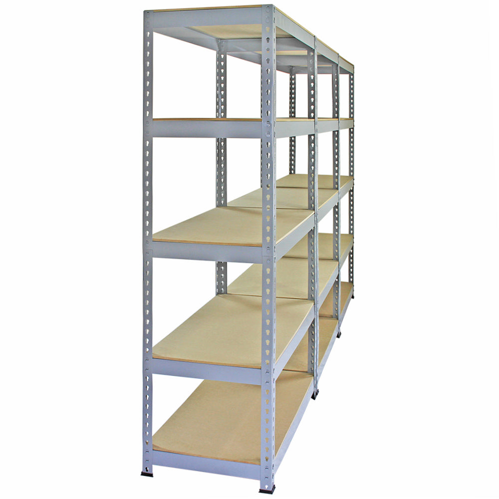 Graues Q-Rax Metallregal mit sechs stabilen Regalböden, 90 cm breit, 50 cm tief und 180 cm hoch, ideal für Lagerung und Organisation