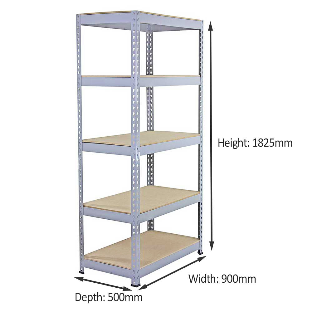 Graues Q-Rax Metallregal mit fünf stabilen Regalböden, 90 cm breit, 50 cm tief und 180 cm hoch, ideal für Lagerung und Organisation