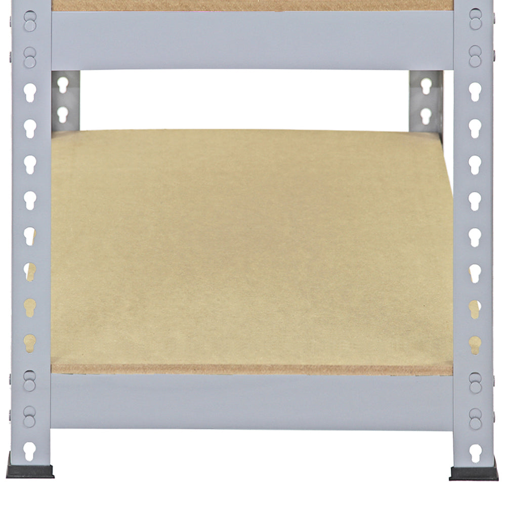 Graues Q-Rax Metallregal mit stabilen, perforierten Seiten und einer robusten, hellbraunen Ablagefläche aus Holz, ideal für Lagerung und Organisation