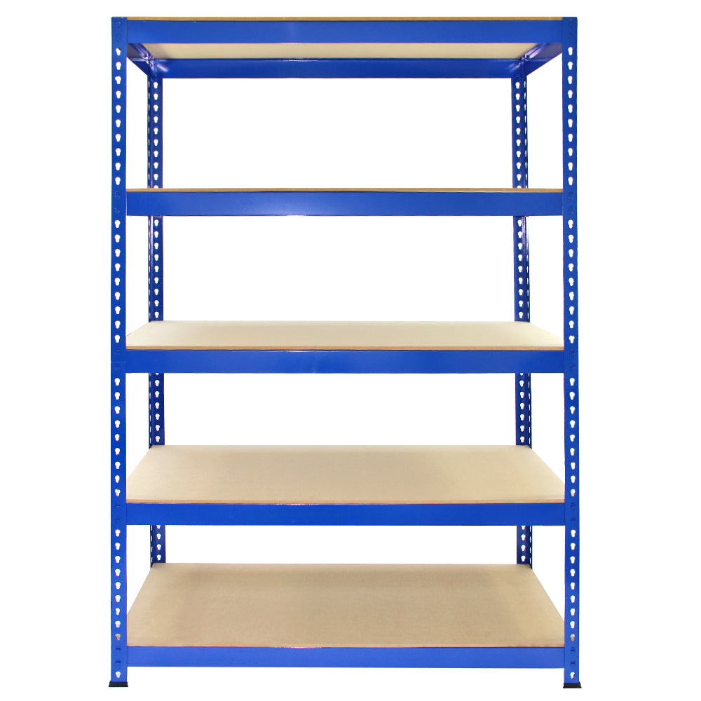 Blaues Q-Rax Lagerregal mit fünf stabilen Regalböden, 120 x 50 x 180 cm, aus robustem Metall, ideal für die Aufbewahrung von Waren und Materialien