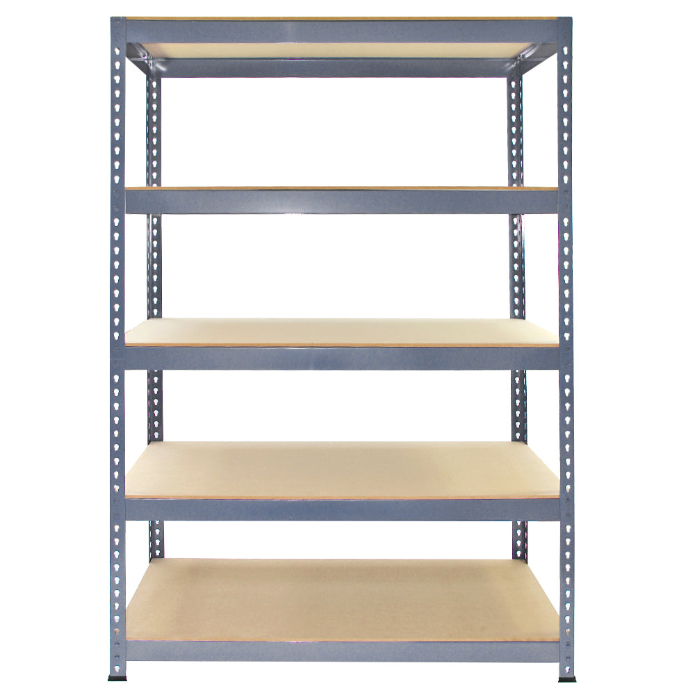 Graues Q-Rax Lagerregal mit fünf stabilen Regalböden, 180 cm hoch, 120 cm lang und 50 cm breit, ideal für die Aufbewahrung von Waren und Materialien