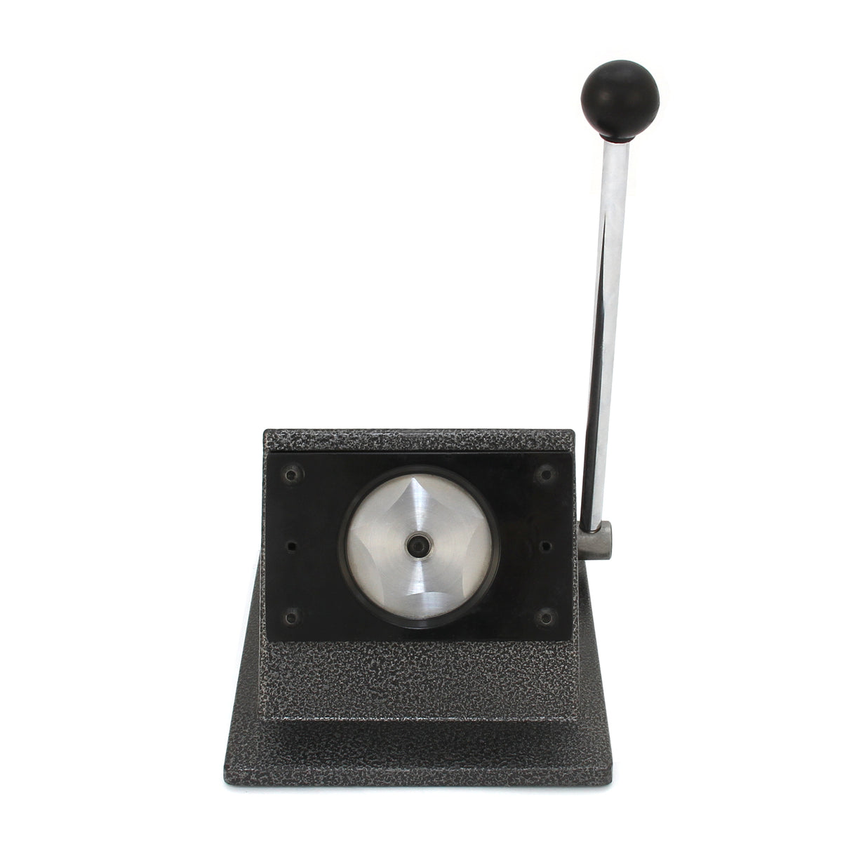 Robuste PixMax Buttonmaschine mit schwarzem Gehäuse, glänzender Metallplatte und einem langen Hebel für einfache Bedienung und präzise Ergebnisse