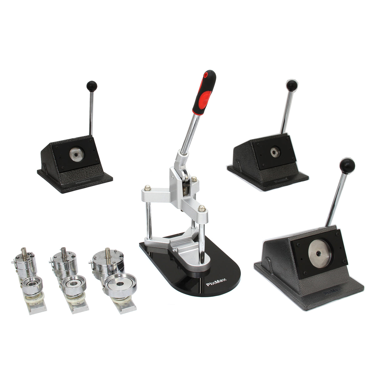Das PixMax Buttonmaschinen Set umfasst eine robuste Druckmaschine mit ergonomischem Griff, verschiedene Stempel und eine stabile Basis in Schwarz und Silber
