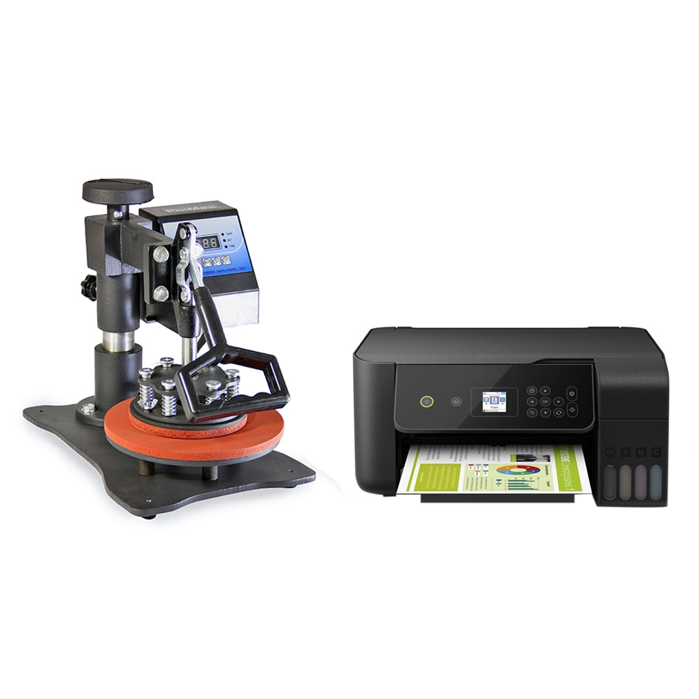 PixMax Teller Transferpresse mit rotem Druckpad und digitalem Display neben einem schwarzen Epson Drucker, ideal für Sublimationsdrucke