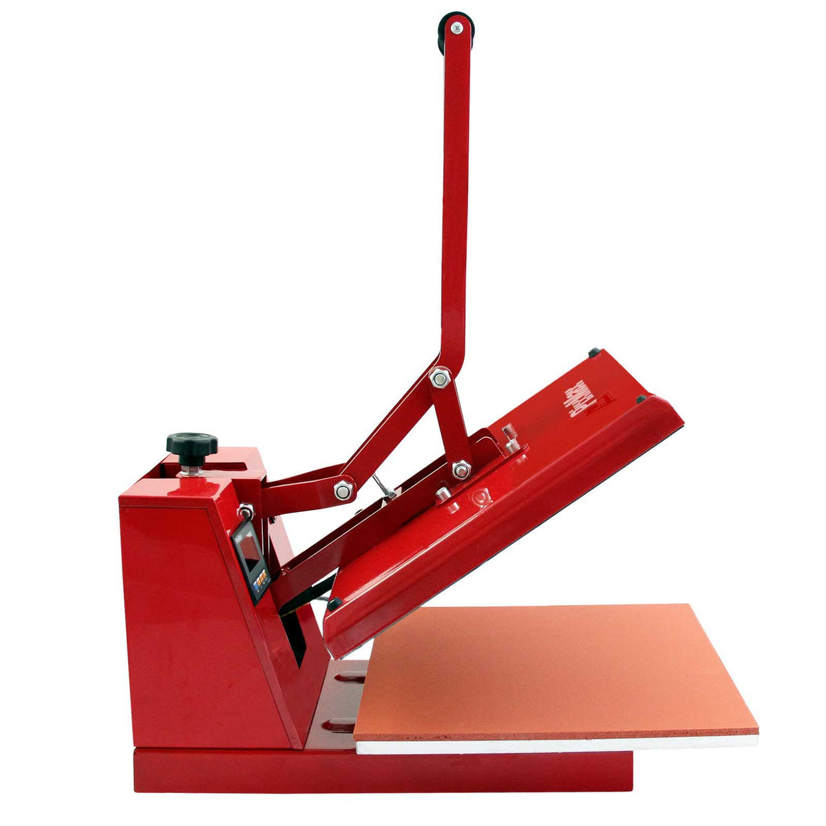 Rote Transferpresse mit einem stabilen Hebel, ausgestattet mit einer großen Heizplatte und einer glatten Arbeitsfläche, ideal für Textildruck und Vinylprojekte