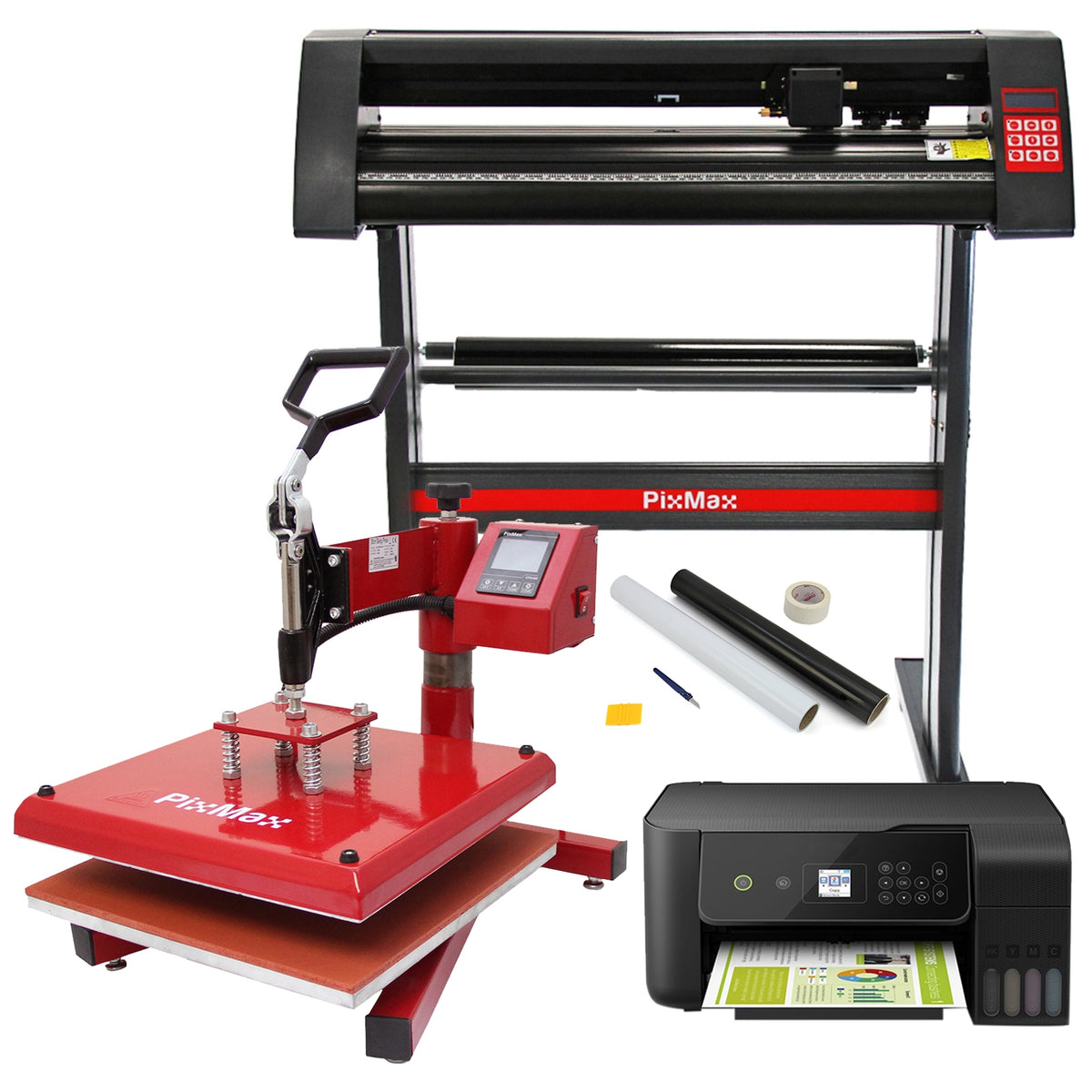 PixMax 38 cm Transferpresse in Rot mit Vinyl Schneideplotter und Drucker, ideal für kreative Projekte und personalisierte Designs