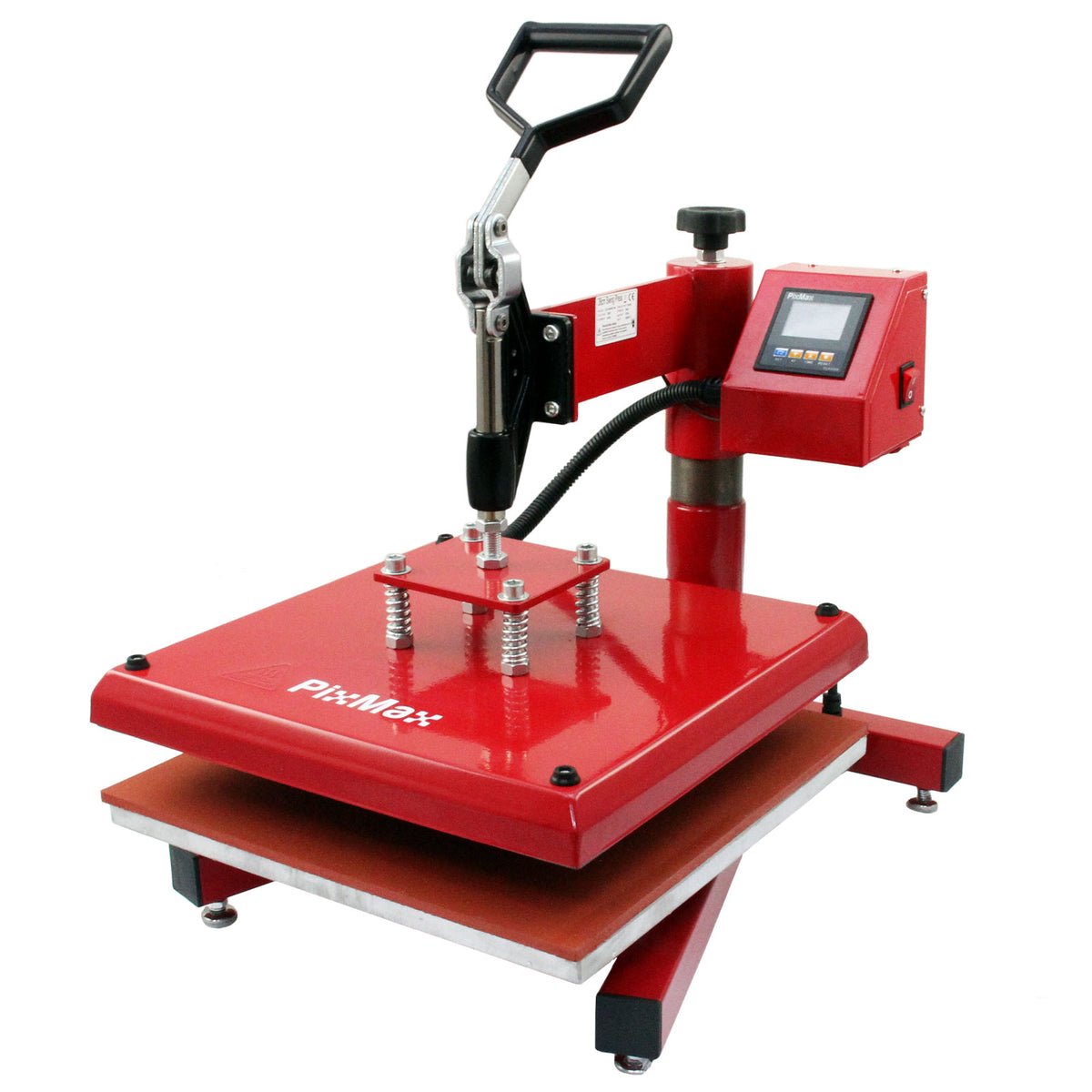 Rote PixMax Transferpresse mit stabiler Basis, digitalem Steuergerät und Druckknopf, ideal für das Übertragen von Designs auf Textilien