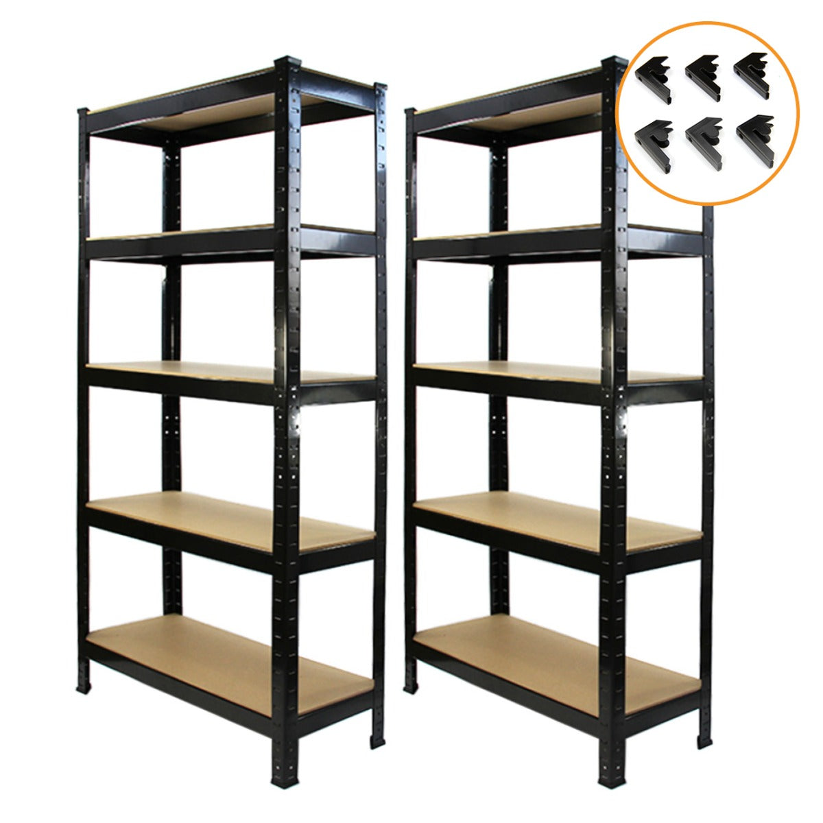 Schwarzes T-RAX Lagerregal-Set mit zwei Regalen, jeweils 75cm x 150cm x 30cm, ausgestattet mit stabilen, braunen Regalböden und kostenlosen Verbindungsstücken