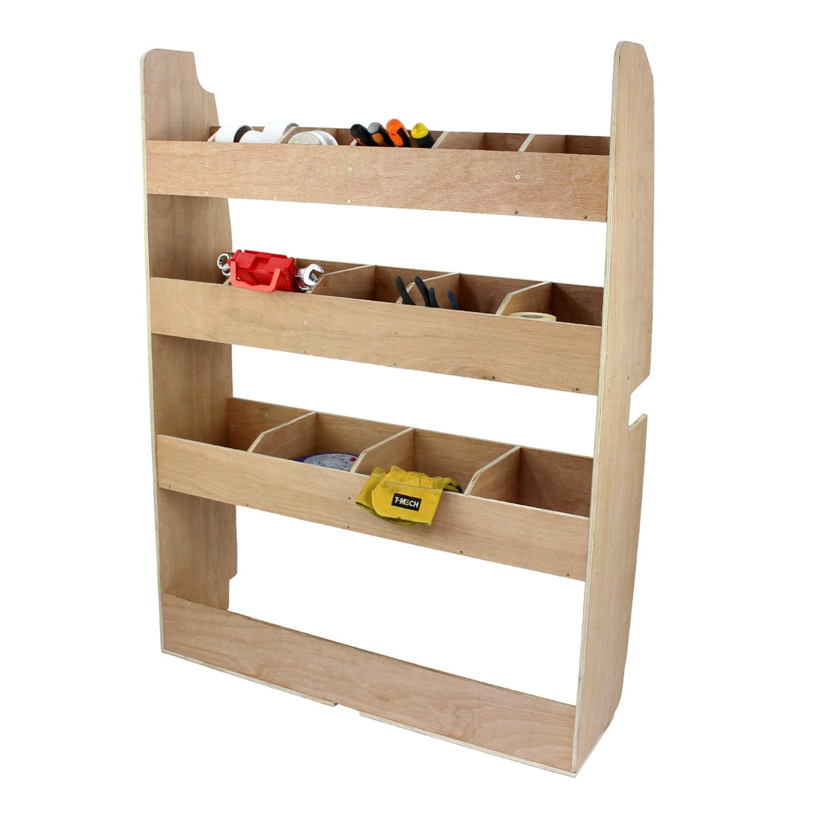 Holzregal für Ford Transit mit mehreren Fächern, ideal zur Aufbewahrung von Werkzeugen und Materialien, in natürlichem Holzfinish, stabil und funktional