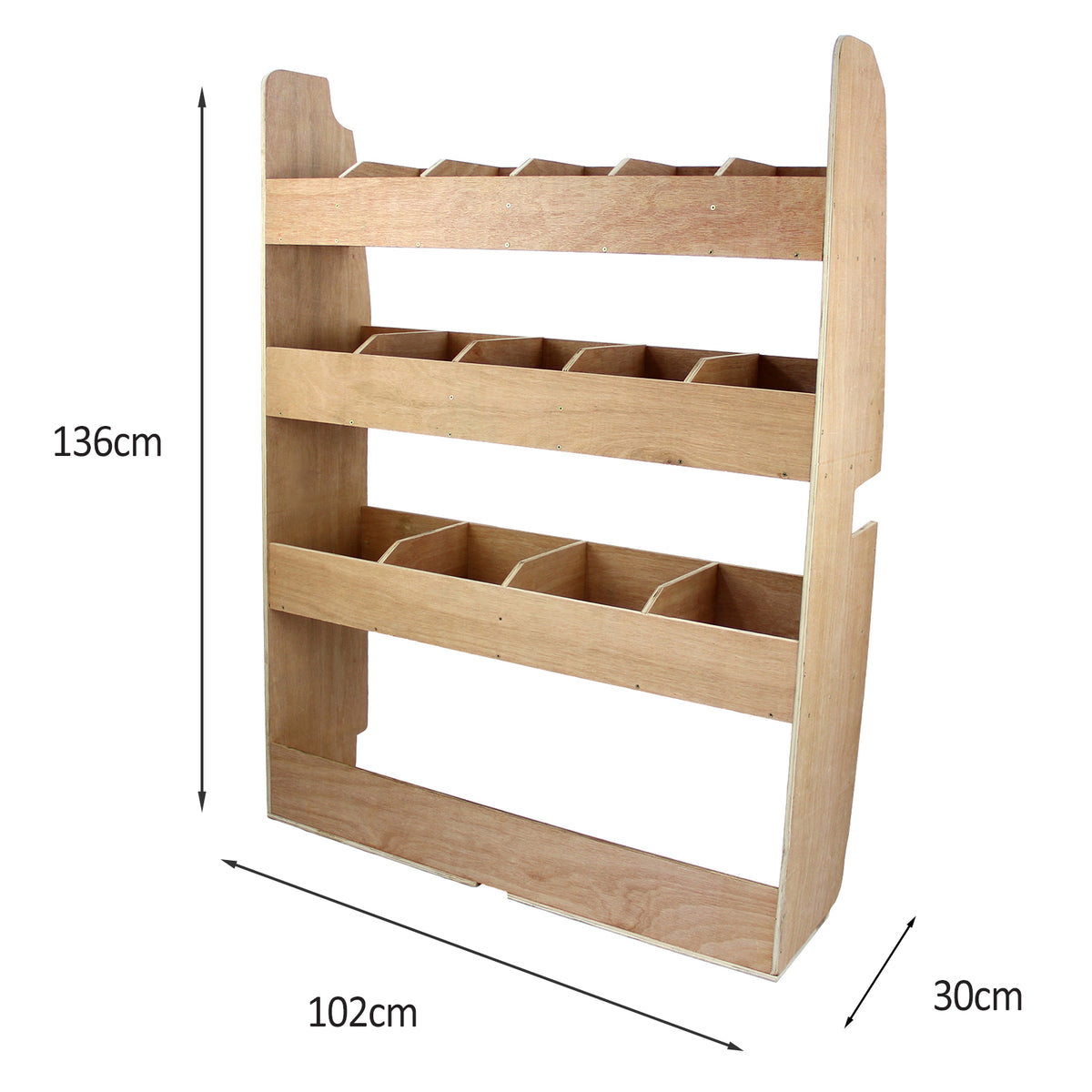 Hochwertiges Fahrzeugregal aus hellem Holz mit drei Regalen und mehreren Fächern, ideal für Ford Transit, Maße: 136cm hoch, 102cm breit, 30cm tief