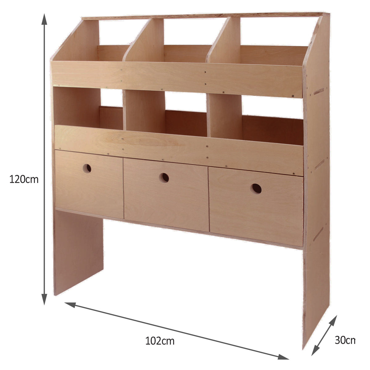 Universelles Auto-Regal aus hellem Holz mit drei offenen Fächern und drei Schubladen, ideal für die Aufbewahrung und Organisation von Werkzeugen und Zubehör