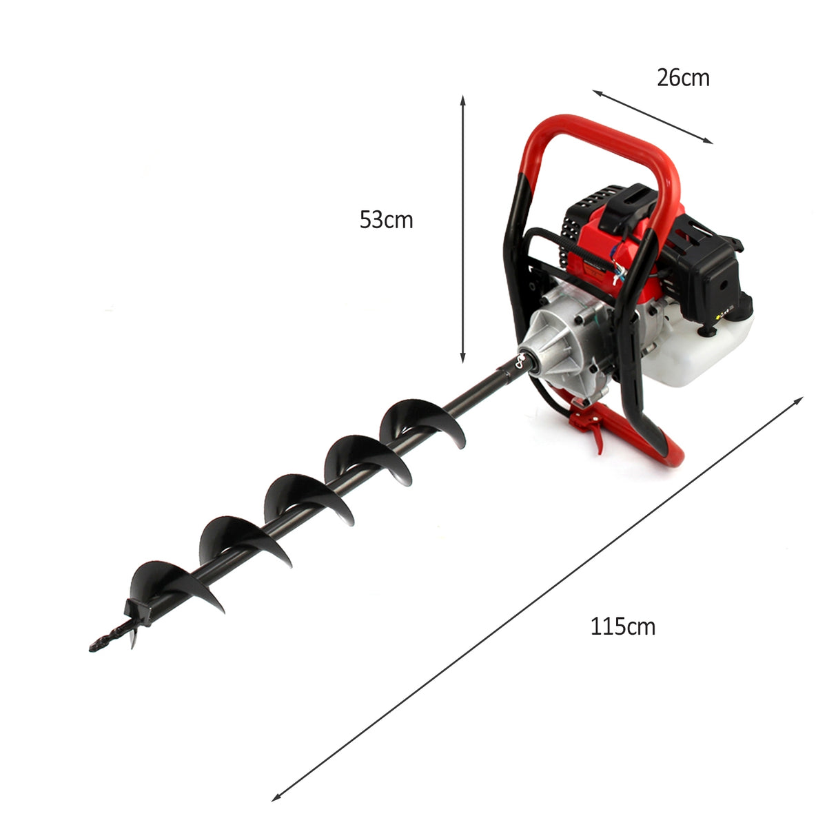 T-Mech Erdbohrer mit rotem Griff, schwarzem Bohrer und silbernem Motor, ideal für das Bohren von Löchern in den Boden, Maße 115 cm x 26 cm x 53 cm