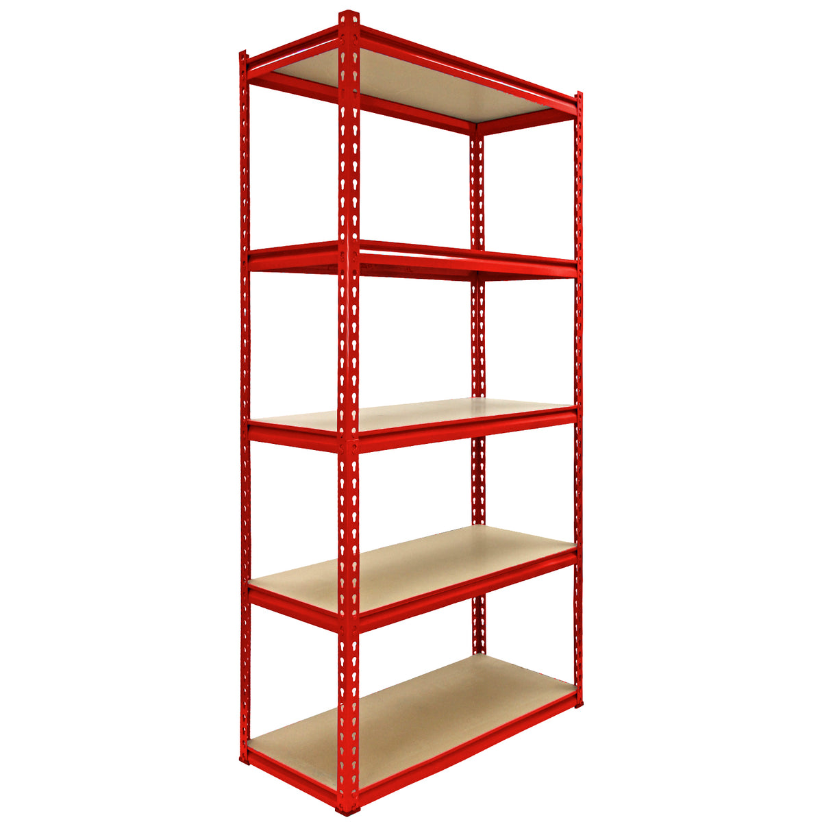 Rotes Lagerregal-Set mit vier Regalen und einem 90 cm Eckregal, stabiler Metallrahmen, robuste Holzregalböden, ideal für Lagerung und Organisation