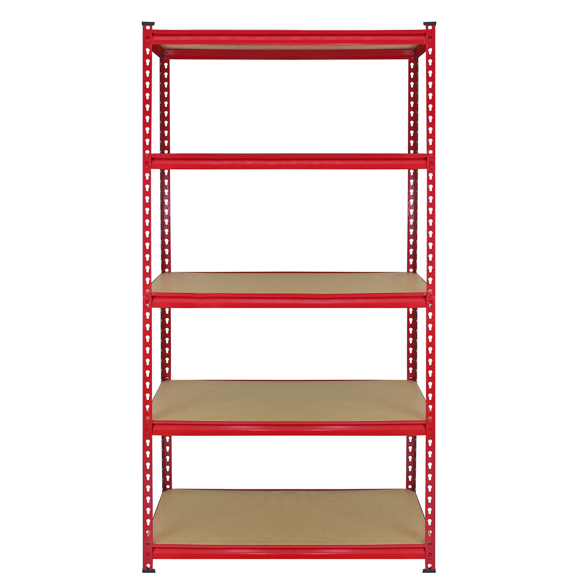 Fünfstöckiges Lagerregal in Rot, 90 cm hoch, mit stabilen, braunen Regalböden aus Holz und robustem Metallrahmen, ideal für die Aufbewahrung