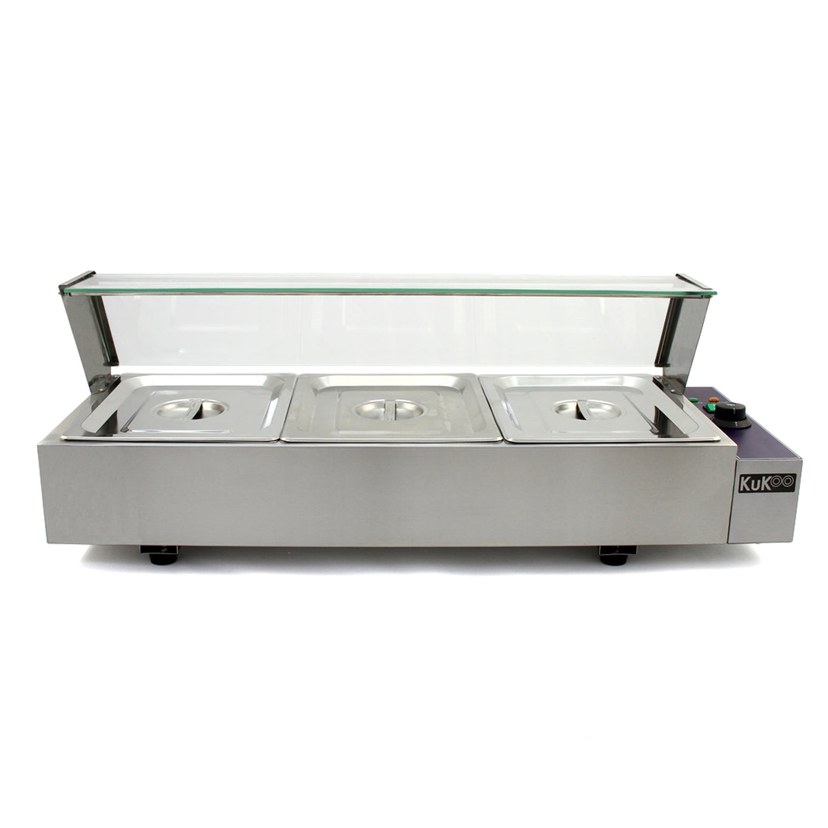 Eleganter Kukoo Gastro 3 GN Bain Marie aus Edelstahl mit drei Behältern, transparentem Glasdeckel und praktischer Bedienoberfläche für Gastronomiebedarf