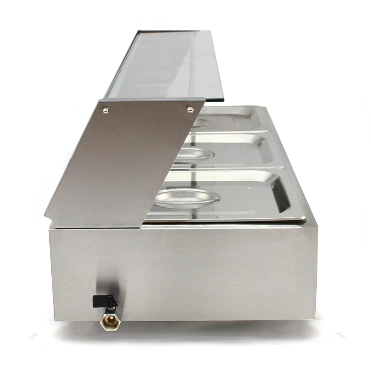 Elegante, aus Edelstahl gefertigte Kukoo Gastro 3 GN Bain Marie mit transparentem Deckel und drei Behältern für warmes Essen, ideal für Buffets