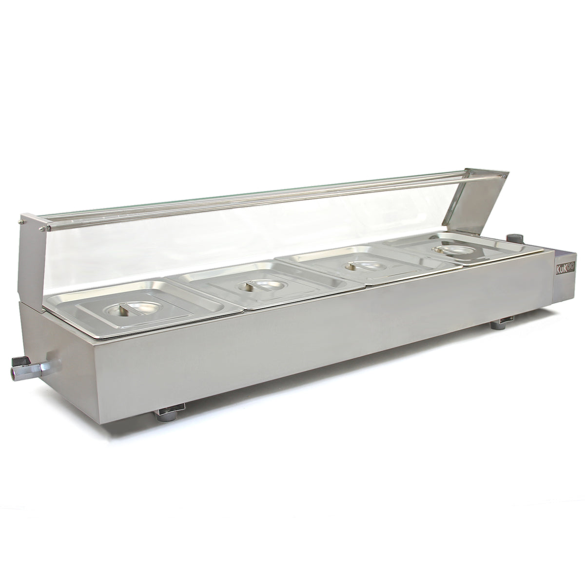 Kukoo Edelstahl Gastro Bain Marie mit vier GN-Behältern, glänzender Oberfläche, transparentem Deckel und stabiler Bauweise für Gastronomiebedarf