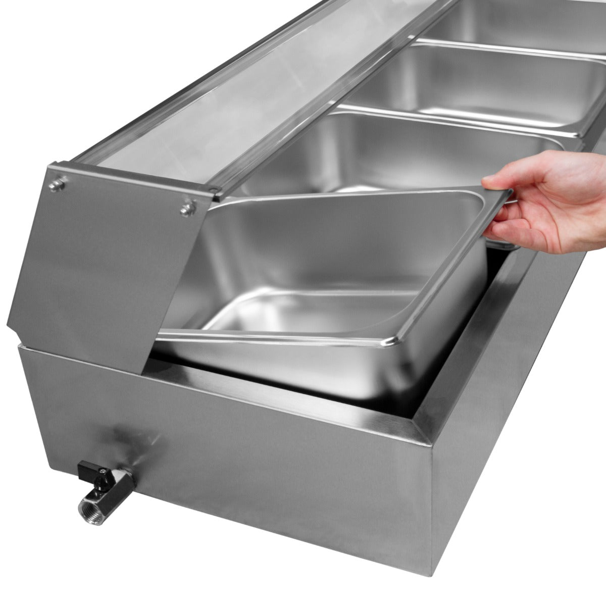 Kukoo Edelstahl Gastro 5 GN Bain Marie mit fünf Edelstahlbehältern, glänzender Oberfläche, praktischer Handhabung und transparentem Deckel für optimale Sichtbarkeit