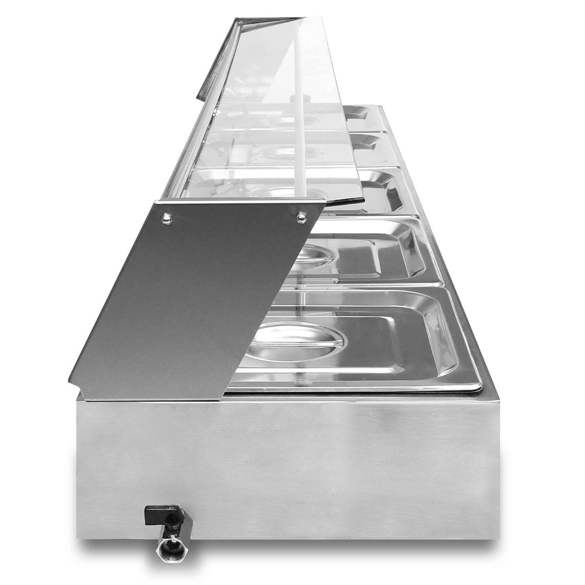 Kukoo Edelstahl Gastro 5 GN Bain Marie mit klaren Abdeckungen, glänzender Oberfläche, fünf GN-Behältern und robustem, modernem Design