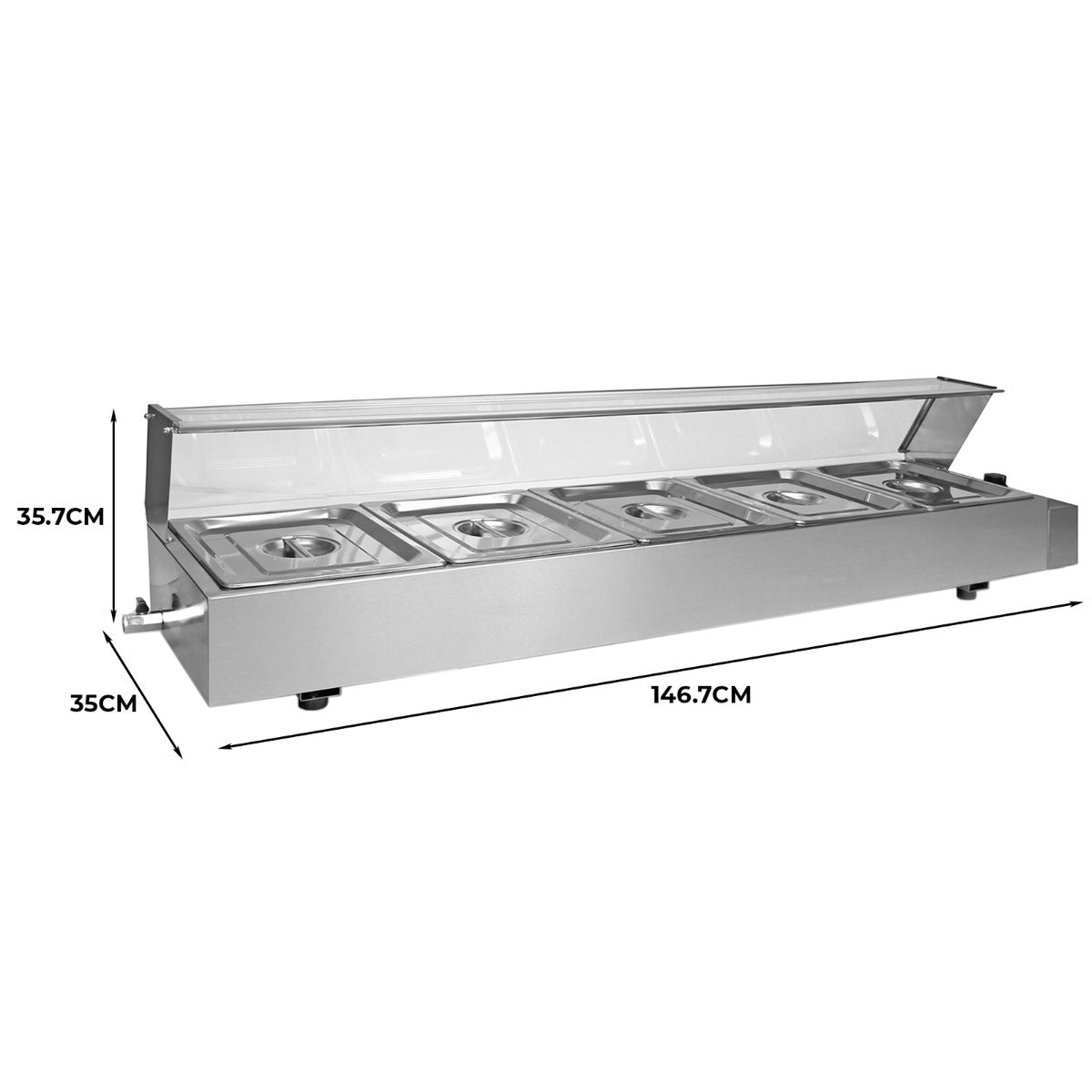 Kukoo Edelstahl Gastro 5 GN Bain Marie mit transparentem Deckel, fünf runden Behältern, glänzender Oberfläche und präzisen Abmessungen für Gastronomiebedarf