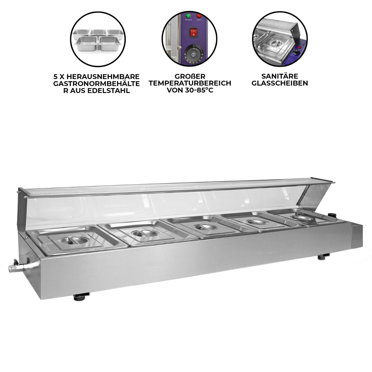 Kukoo Edelstahl Gastro 5 GN Bain Marie mit fünf herausnehmbaren Gastrobehältern, transparentem Deckel und Temperaturbereich von 30-85°C, hygienisch und modern
