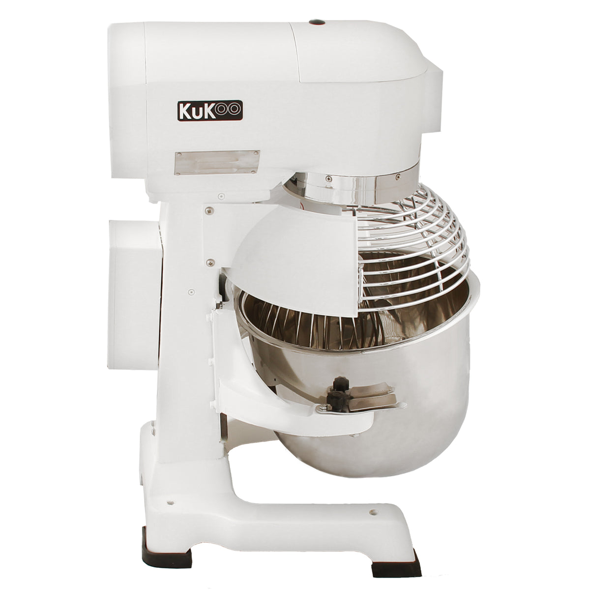 Weiße KuKoo Gastro Planetenrührmaschine mit 20L Edelstahl-Schüssel, glänzender Oberfläche und stabiler Bauweise, ideal für professionelle Küchen