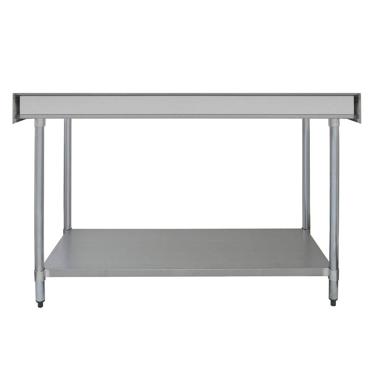 Robuster Gastronomie-Arbeitstisch aus Edelstahl mit glatter Oberfläche, 150 cm lang, und einem praktischen Doppelregal für zusätzlichen Stauraum