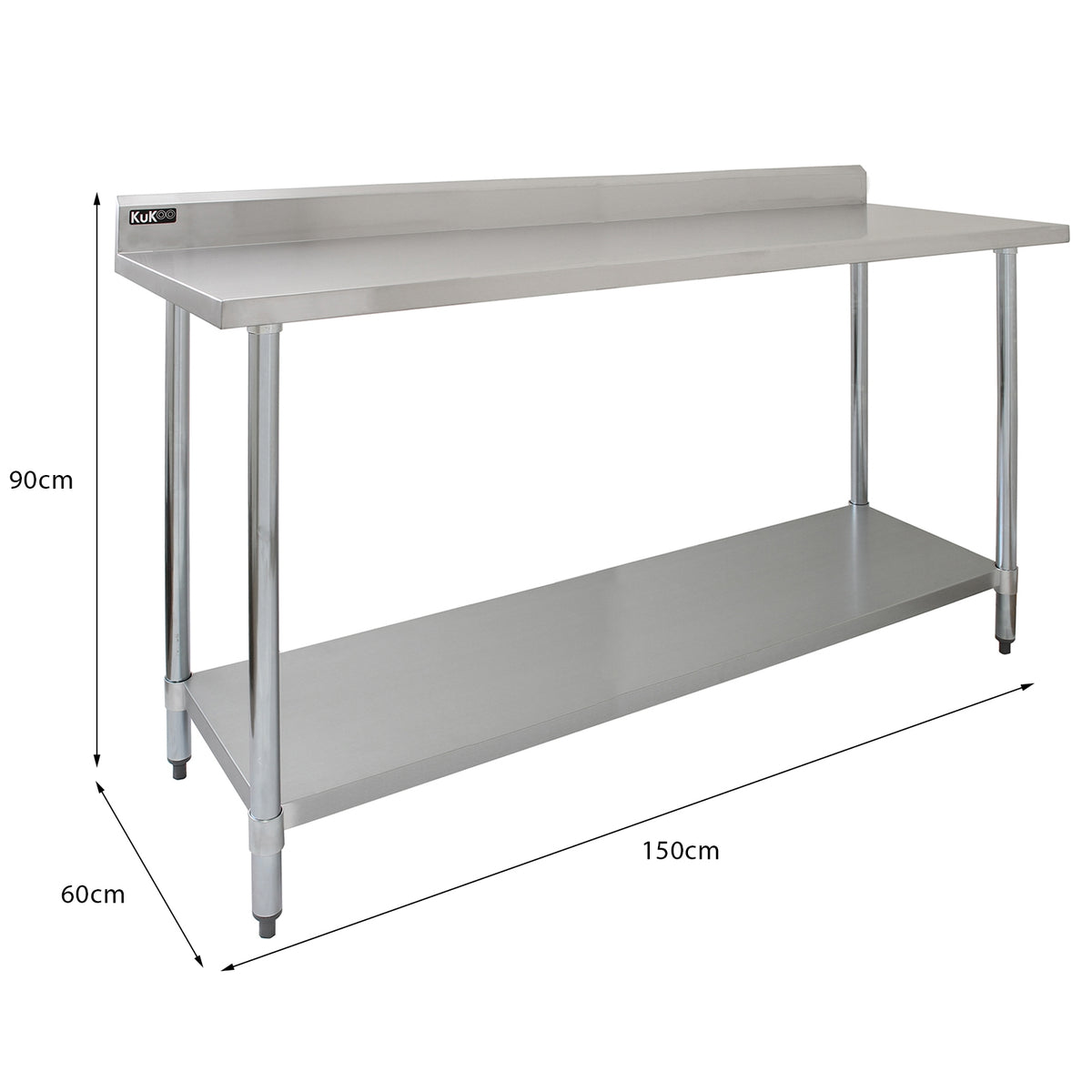 Kukoo Gastronomie Arbeitstisch aus Edelstahl mit einer Höhe von 90 cm, einer Breite von 150 cm und einem unteren Regal für zusätzlichen Stauraum